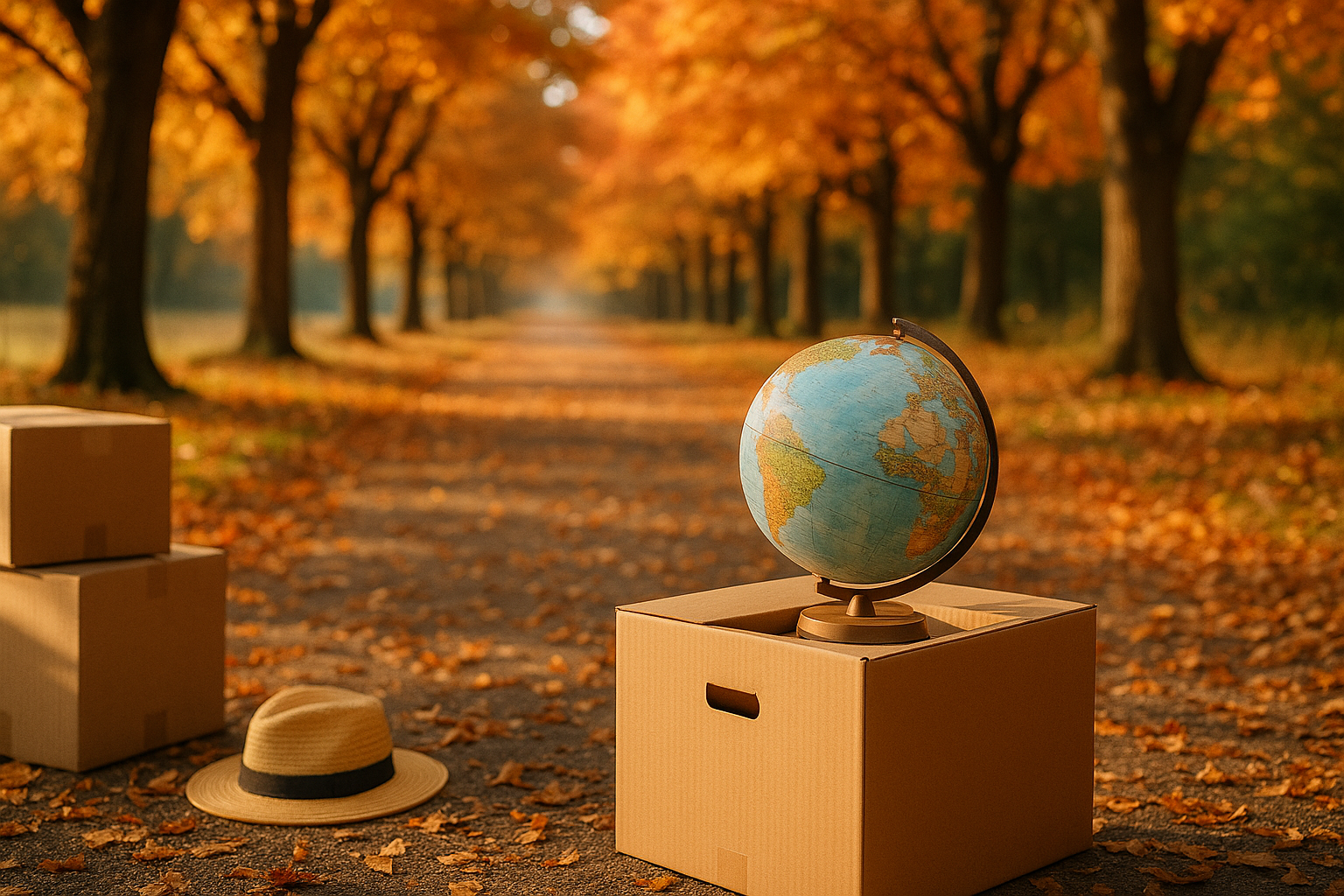 Autumn relocation with boxes and globe
