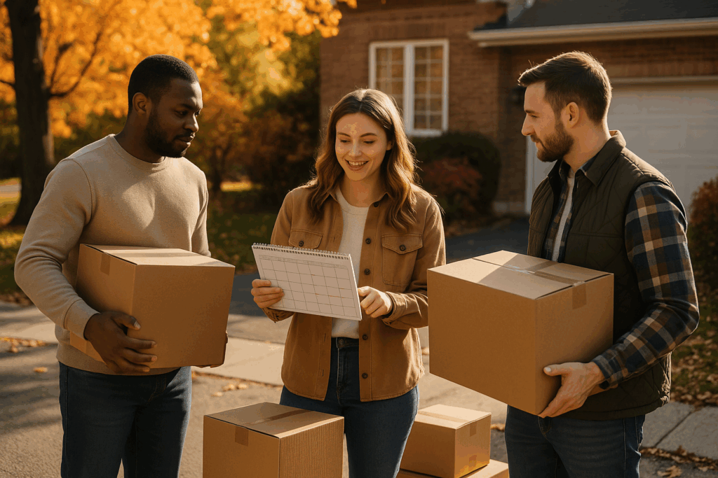 Family planning autumn move with boxes outside