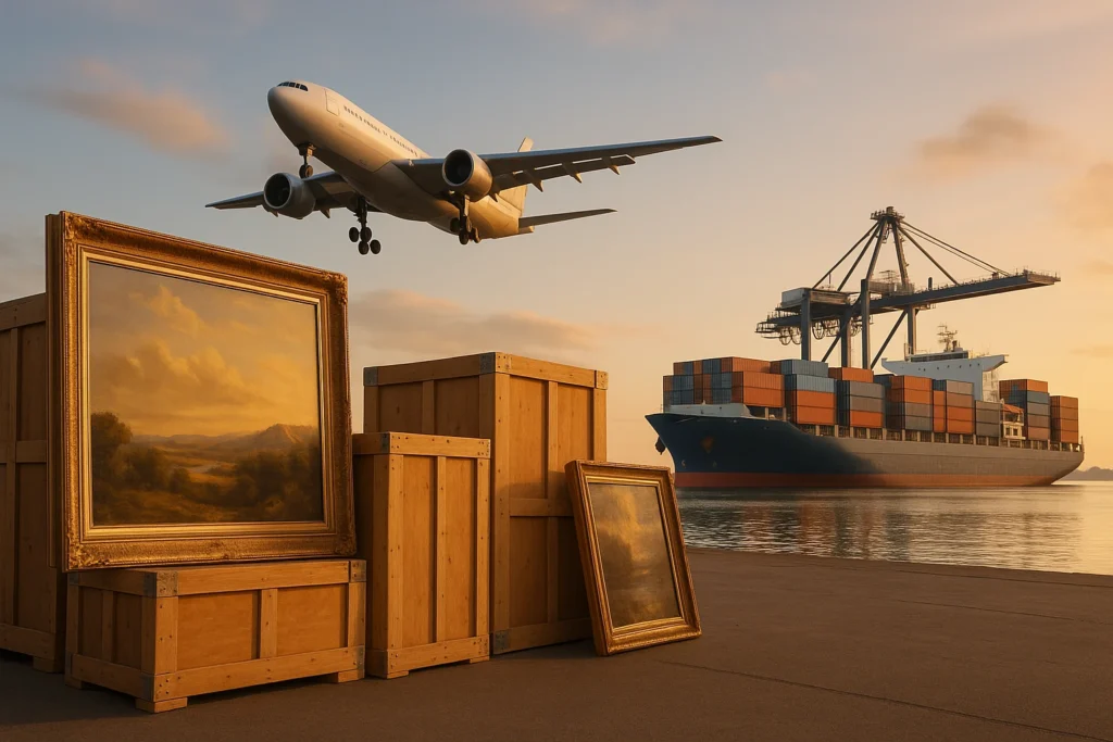airplane and cargo ship transporting fine art safely