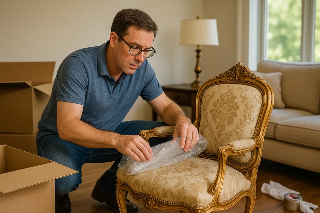 man wrapping antique chair with bubble wrap