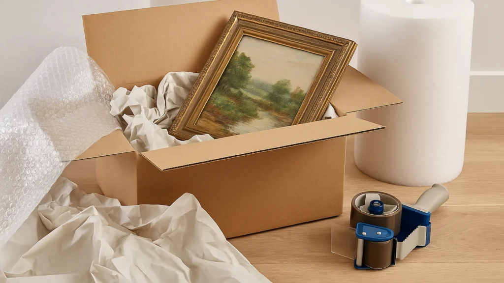 Professional packing materials protecting framed painting for shipping