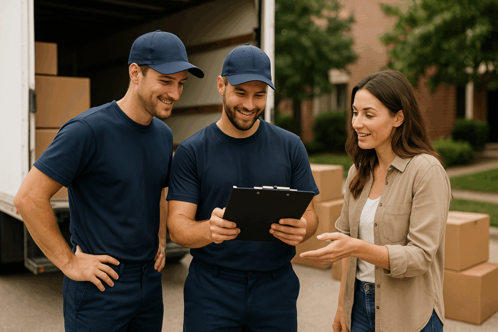 Movers and client reviewing clipboard outdoors