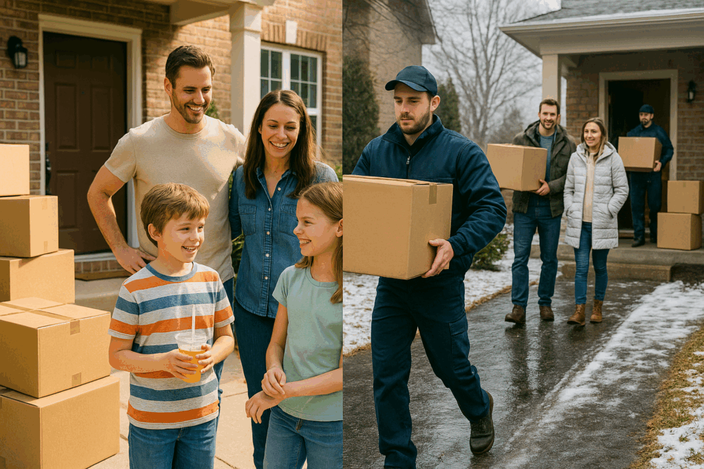 Family moving boxes in summer and winter