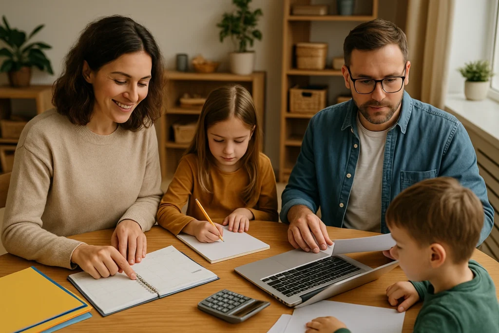 Family checking final checklist together at home