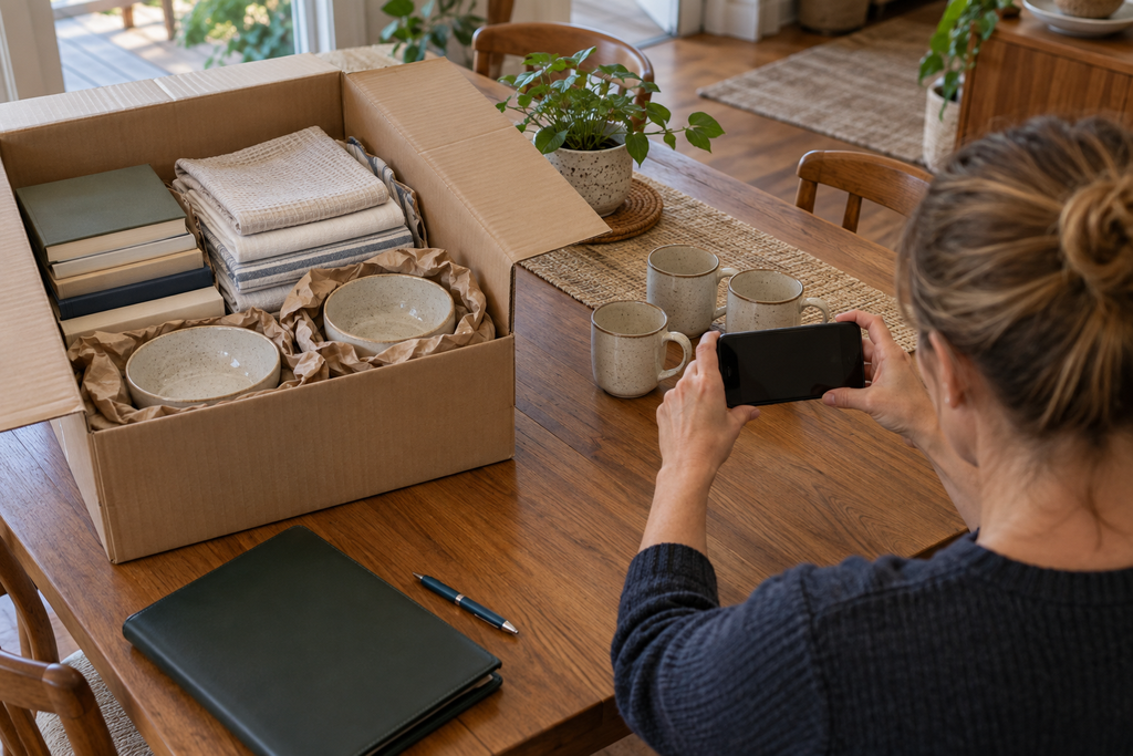 Homeowner photographs personal effects for an overseas shipping inventory.
