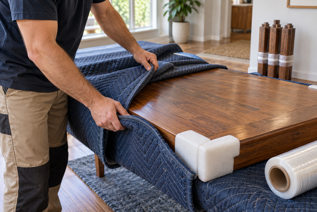 Overseas mover protects timber furniture for international relocation.