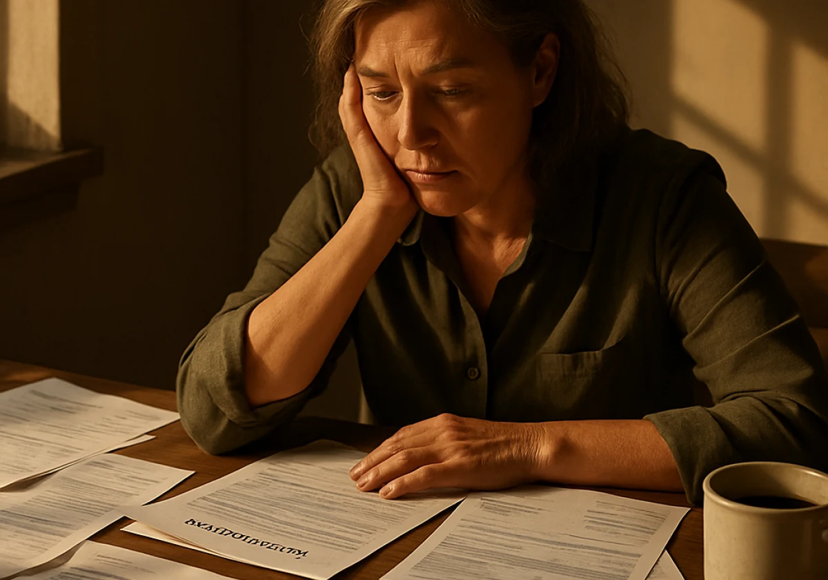 Middle-aged woman at a desk covered with visa applications