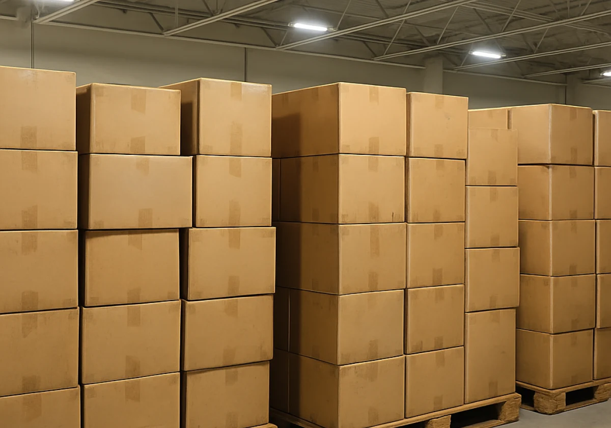 Generate neat rows of sealed cardboard shipping boxes stacked