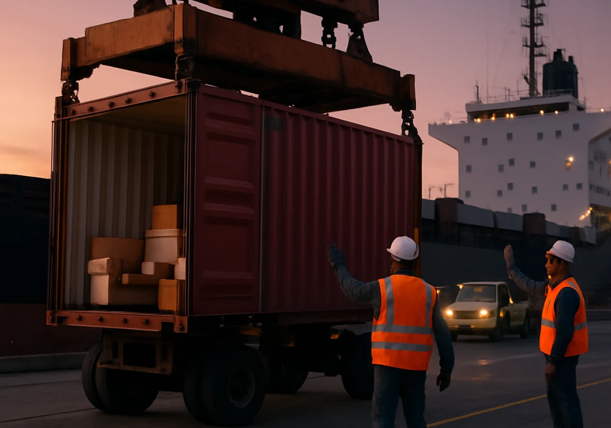 Loading dock at dawn with workers in safety vests guiding a shipping
